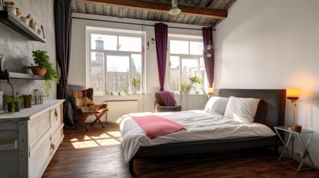 Modern wooden floor and white tone color bedroom interior with bright daylight and city view. Generative AI AIG27.の素材
