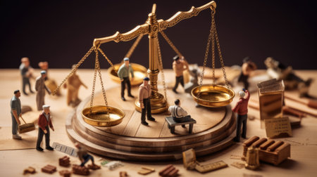 A scale of justice on a table top with workers working in construction site in law concept. beautiful Generative AI AIG32の素材
