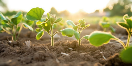 Springtime cotton field with fresh, green sprouts in soft focus. beautiful Generative AI AIG32の素材