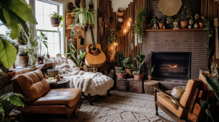 Living room decor, home interior design . Rustic Bohemian style with Fireplace decorated with Wood and Textiles material . Generative AI AIG26.の素材