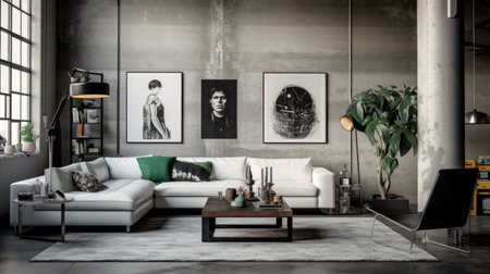 Living room decor, home interior design . Modern Industrial style with Gallery Wall decorated with Concrete and Metal material . Generative AI AIG26.の素材