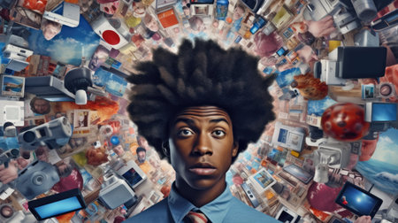 Overwhelming information data explode out of head of young human brain, too much media, too much information, maximalism, news, social media addiction. Generative AI image weber.の素材
