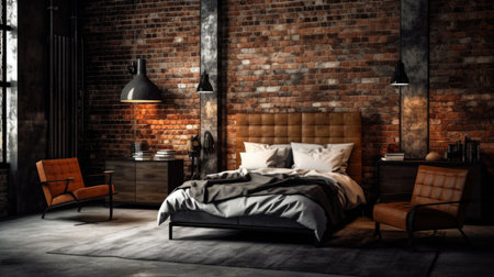 Bedroom decor, home interior design . Industrial Rustic style with Brick Wall decorated with Concrete and Metal material . Generative AI AIG26.の素材