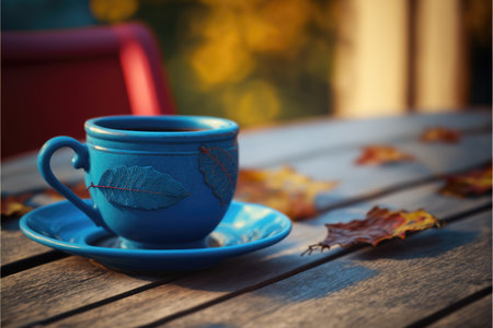 Focus blue color of coffee cup on wooden table with blurred autumn background. Concept of blank space for advertising product. Finest generative AI.の素材