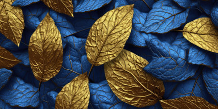 Dry Gold Blue leaves Surface textured background, realism, realistic, hyper realistic. Generative AI image weber.の素材