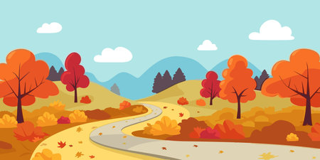 Beautiful autumn landscape with trees, mountains, fields, leaves. Countryside landscape. Autumn background. Vector illustrationのイラスト素材