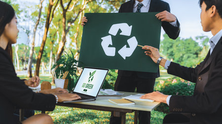Group of businesspeople meeting at outdoor office in the nature planning and brainstorming on recycle strategy for greener environment by reducing and reusing recyclable waste. Gyreの写真素材