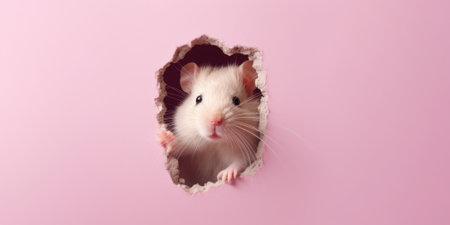 Cute Hamster peeking out of a hole in wall, torn hole, empty copy space frame, mockup. Generative AI image weber.の素材