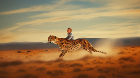 A little boy excited with riding on a cheetah that running fast speed across a vast savannah. Generative AI AIG27.の素材