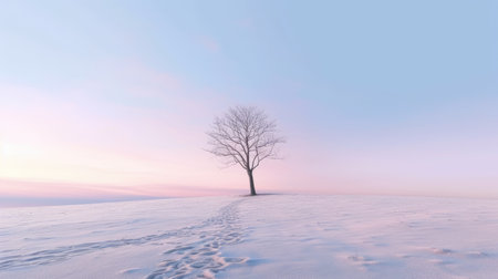 Lone lonely tree in winter snow solitude, minimalist. Generative AI image weber.の素材
