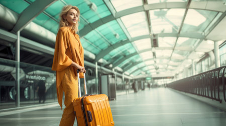 Woman travel and vacation with trendy summer fashion and luggage in airport concept. Picturesque generative AIの素材