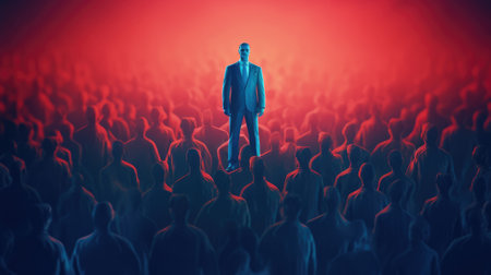 leadership concept, a true born leader standing in front of the cheering crowd, red and blue colors. beautiful Generative AI AIG32の素材