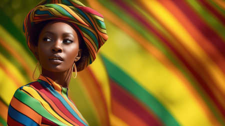 Young african female model posing with trendy fashion outfit and colorful optical art abstract background. Picturesque generative AIの素材