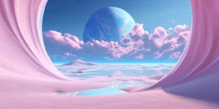 3d rendering abstract fantasy background. Surreal fantastic landscape. Blue sky, white fluffy clouds, neon round linear frame, calm water, pink sand dunes. Virtual reality paradise wallpaperの素材