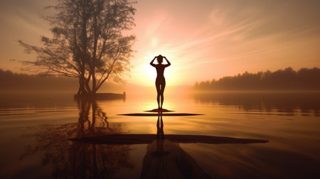Woman Backlit in Yoga Pose in calm sunrise Zen. Generative AI image weber.の素材
