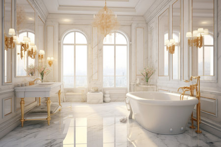 The classic large bathroom interior design with white marble colors and elegant white bathtub. Generative AI AIG27.の素材