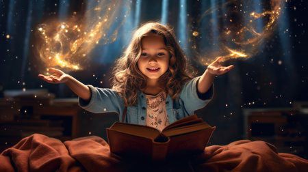 Girl excited with an opened magical book with wave of astral magical elements flowing out. Generative AI image weber.の素材