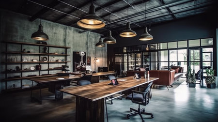 Inspiring office interior design Industrial style Corporate Office with Open Space Design featuring Exposed ceilings architecture. Generative AI AIG 31.の素材