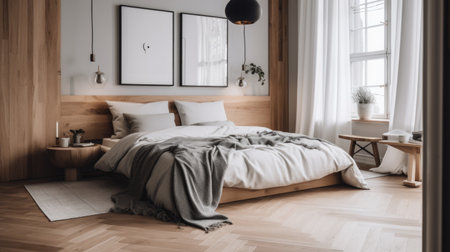 Bedroom decor, home interior design . Scandinavian Minimalist style with Statement Pendant decorated with Wood and White Walls material . Generative AI AIG26.の素材