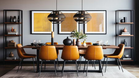 Interior design inspiration of Mid-Century Modern Industrial style home dining room loveliness decorated with Walnut and Metal material and Statement Light Fixture .Generative AI home interior designの素材