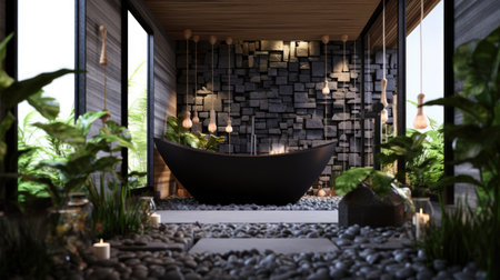 The interior design of wooden and pebbles bathroom style and square bathtub in dark tone color with nature view. Generative AI image AIG30.の素材