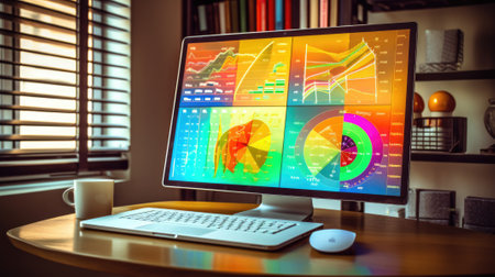 A computer screen displaying multiple financial reports, graphs and pie in corporate office background. beautiful Generative AI AIG32の素材