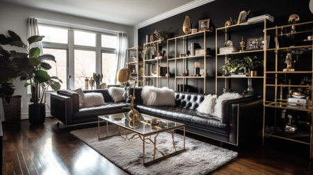 Living room decor, home interior design . Art Deco Industrial style with Floor lamp decorated with Marble and Metal material . Generative AI AIG26.の素材