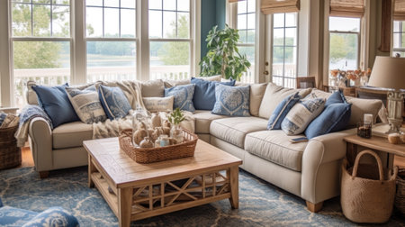 Living room decor, home interior design . Coastal Farmhouse style with Large windows decorated with Wood and Wicker material . Generative AI AIG26.の素材