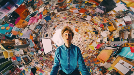 Overwhelming information data explode out of head of young human brain, too much media, too much information, maximalism, news, social media addiction. Generative AI image weber.の素材