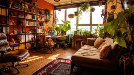 Inspiring office interior design Bohemian style Creative space featuring Eclectic decor architecture. Generative AI AIG 31.の素材