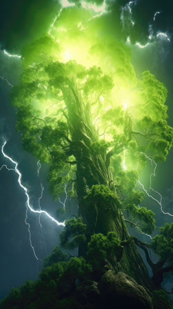 The vertical photo of lightning with green towering trees in the forest. Generative AI AIG27.の素材