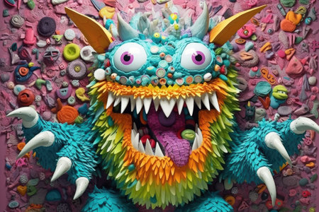 The monster on the wall is covered with candy, in the style of pop culture collages, organic sculptures, kombuchapunk, green and amber, vibrant, catcore, caninecore. Generative AI image weber.の素材