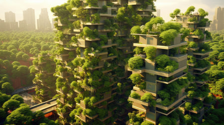 Environmental awareness city with vertical forest concept of metropolis covered with green plants. Civil architecture and natural biological life combination.Generative AI image weber.の素材