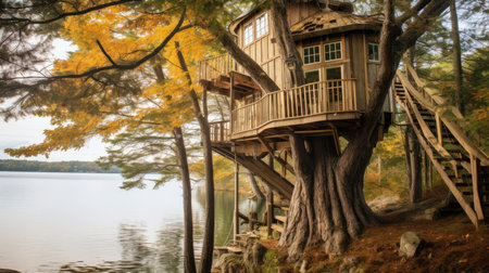 The vintage wooden lakeside treehouse exterior in Canada. Generative AI image AIG30.の素材