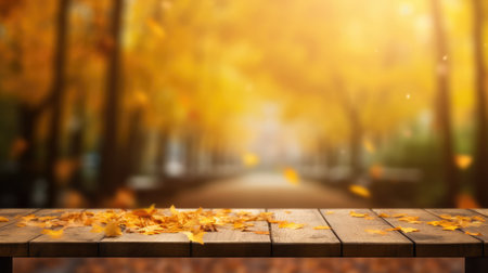 The empty wooden table top with blur background of autumn. Generative AI image AIG30.の素材
