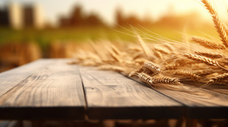 The empty wooden table top with blur background of wheat farm. Generative AI image AIG30.の素材