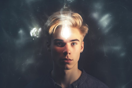 bright light bulb floating above of young scandinavian mans head. beautiful Generative AI AIG32の素材