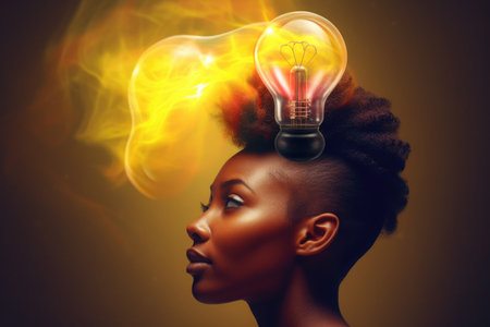 bright light bulb float above of young african womans head. beautiful Generative AI AIG32の素材