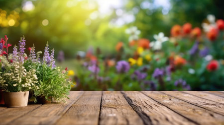 The empty wooden table top with blur background of English garden. Generative AI image AIG30.の素材
