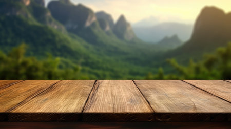 The empty wooden brown table top with blur background of trekking path. Exuberant image.の写真素材