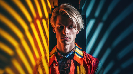Young male model posing with trendy man fashion outfit and colorful optical art abstract background. Picturesque generative AIの素材
