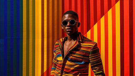 Young male model posing with trendy man fashion outfit and colorful orange optical art abstract background. Picturesque generative AIの素材