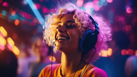 candid shot of an excited young scandinavian woman party with headphones. beautiful Generative AI AIG32の素材