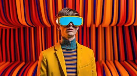 Young male model wearing VR posing with trendy fashion outfit and colorful orange optical art abstract background. Picturesque generative AIの素材