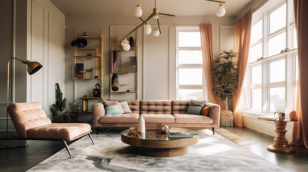 The clean and minimal interior design of living room in bright tone with the colorful and vintage painting. Generative AI AIG27.の素材