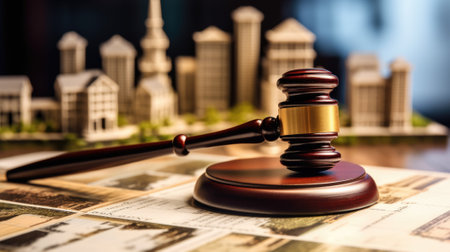 A gavel on a table with dense city architectural model in blur background. beautiful Generative AI AIG32の素材