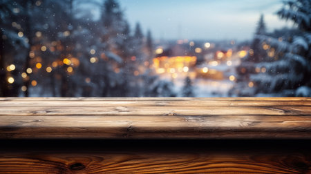 The empty wooden dark brown rustic table top with blur background of winter forest in finland. Exuberant image.の写真素材