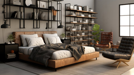 Bedroom decor, home interior design . Industrial Mid-Century Modern style with Bookshelf decorated with Concrete and Leather material . Generative AI AIG26.の素材