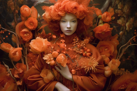 A stunning swedish woman dressed in orange costume with flowers in her hands in the style of ethereal dreamscapes. beautiful Generative AI AIG32の素材