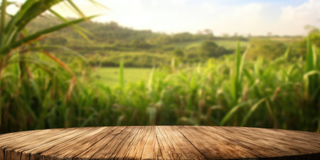 The empty wooden brown table top with blur background of sugarcane plantation. Exuberant image.の写真素材